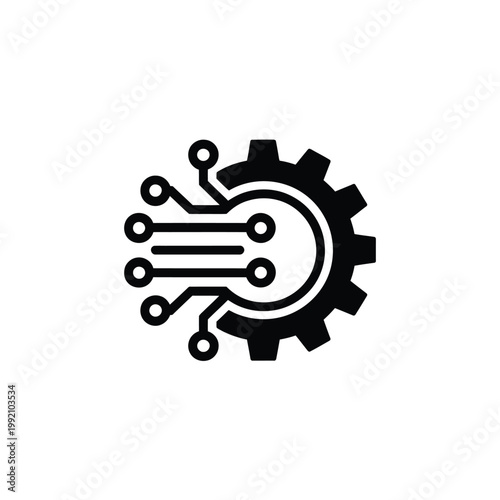Abstract icon combining a gear and circuit board elements in black