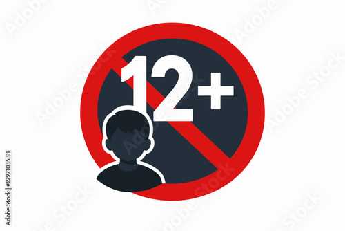 Age restriction sign for 12 plus years old featuring a child silhouette inside a red prohibition circle, flat vector illustration for parental control, content rating warning, and safety guidance.