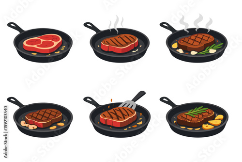 Illustrated collection showing various steak cooking stages in cast iron skillets, from raw meat to perfectly seared grilled beef with garlic and rosemary, vector graphics isolated on white