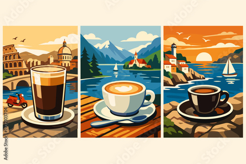 Retro Triptych of Coffee Travel Posters Featuring Lungo, Flat White, and Ristretto with Scenic Italian City, Alpine Lake, and Coastal Sunset Landscapes; Vintage Vector Illustration Art Set.