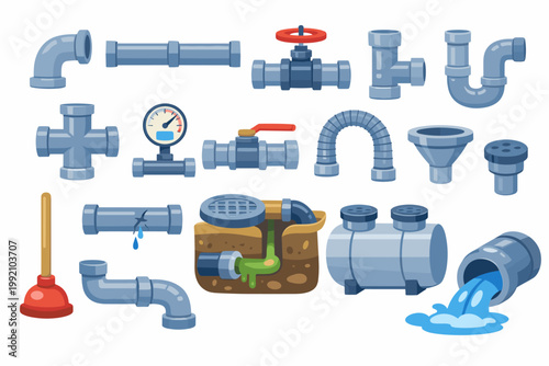 Cartoon Plumbing and Sewage System Elements Set with Water Pipes, Valves, Connections, Pressure Gauge, Plunger, Septic Tank, and Leaking Pipe for Infrastructure and Construction Vector Illustration