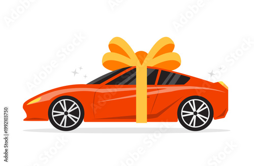 Red sport car with yellow bow isolated on white background. Car gift concept.  Vector stock