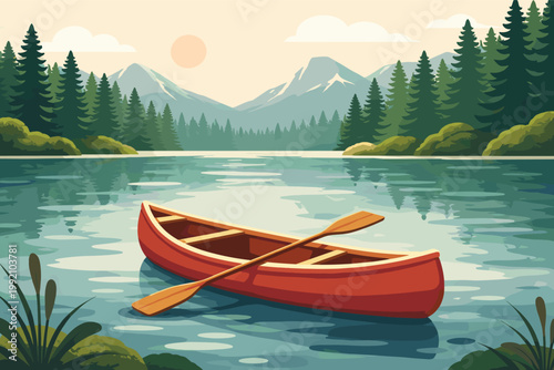 Stylized graphic illustration of a red canoe with a wooden paddle floating on a serene mountain lake surrounded by a lush pine forest under a soft sun, ideal for outdoor adventure and nature themes.