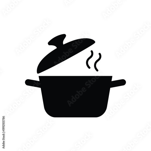 A simple black silhouette of a cooking pot with steam rising