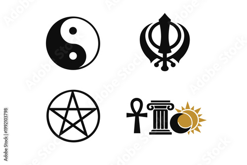 Religious and Spiritual Symbols Set Featuring Taoism Yin Yang, Sikhism Khanda, Paganism Pentacle, and Polytheism Icons with Ankh, Greek Column, Sun and Moon, Simple Flat Vector Illustration