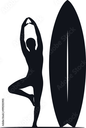 Woman doing yoga pose near surfboard silhouette illustration.