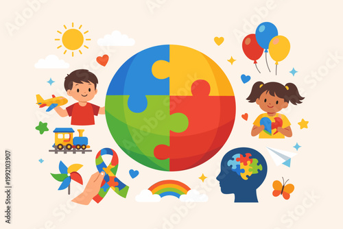 World Autism Awareness Day Banner with Colorful Puzzle Piece Globe, Children, and Symbols of Neurodiversity Support for April 2 Celebration, Flat Vector Illustration for Inclusion and Acceptance