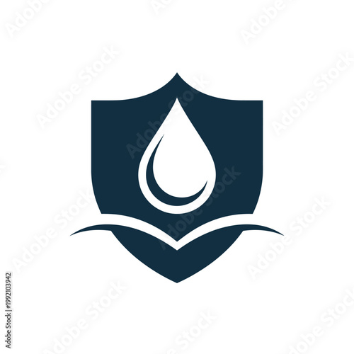 A navy blue shield icon featuring a white water droplet inside