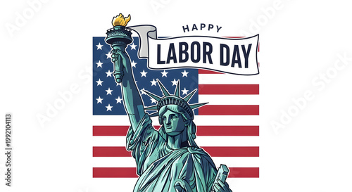 A graphic illustration of the Statue of Liberty in front of an American flag with a Happy Labor Day banner on transparent background