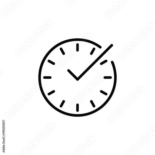 Simple black and white illustration of a clock with a checkmark