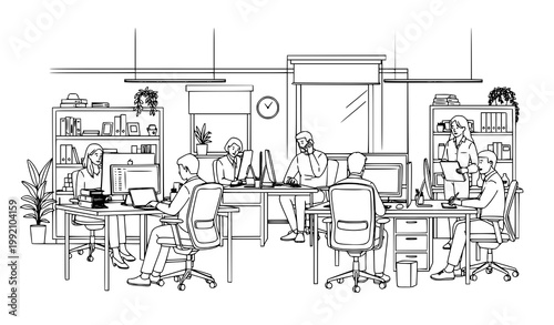 Modern office workspace line art illustration with employees working daily routine in clean minimal style