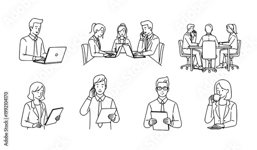 Office employee daily work routine line art vector with staff characters in different working poses