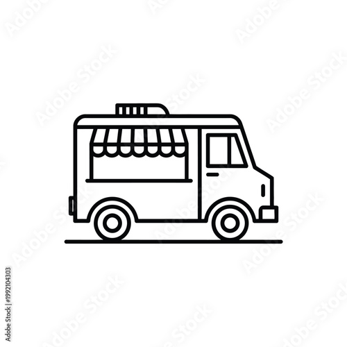 Simple line drawing of a food truck with a serving window