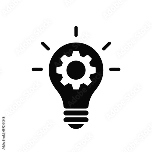 A black silhouette of a lightbulb containing gears and radiating lines
