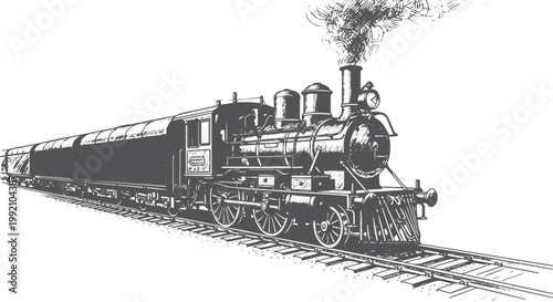 Vintage steam locomotive with freight cars on tracks