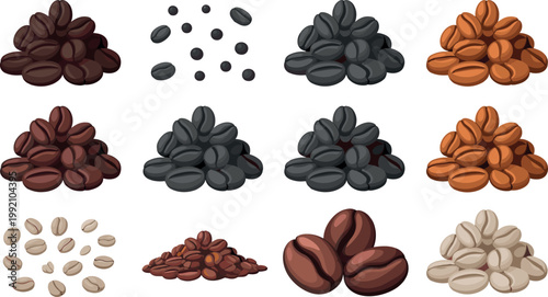 Fotografie Coffee bean vector set featuring dark medium and light roast piles with scattered grains isolated on white background for cafe branding and barista menu design
