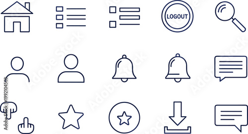 User interface icons, digital application symbols, home search logout graphics, profile notification chat design, download favorite star gesture communication