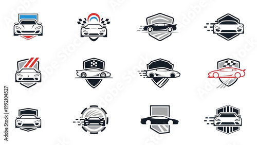 Various car shield and speed line logos are illustrated.