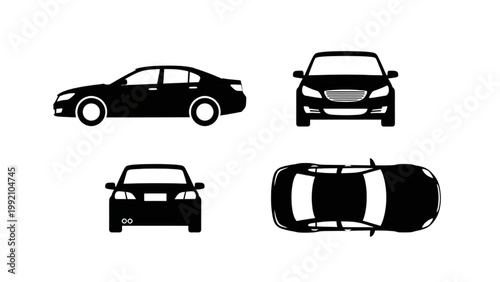 Four silhouettes of a car in different views on white background