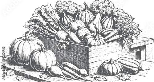 Wooden crate overflowing with autumn vegetables and gourds