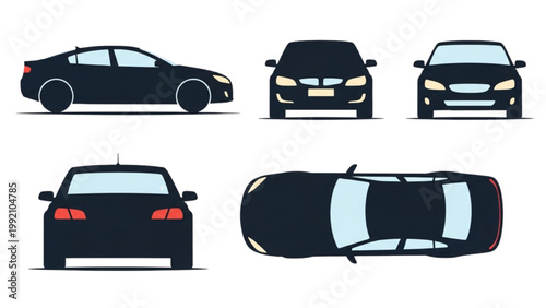 Multiple views of a black car showcase its design from various angles including side, front, rear, and top perspectives.