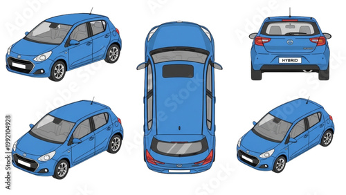 The blue car is shown from multiple angles on a white background