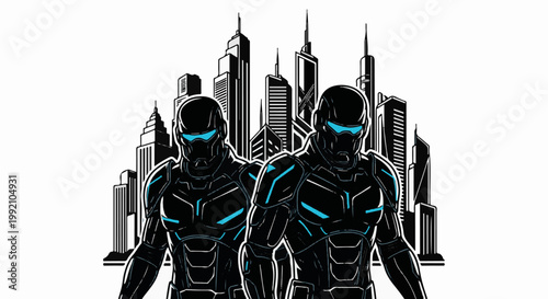 Two futuristic armored figures stand against a cityscape silhouette