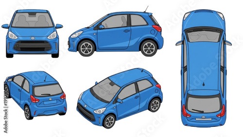 The blue car is shown in multiple views on a white background.