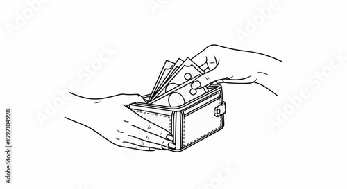 Two hands exchanging money from an open wallet in a line art illustration