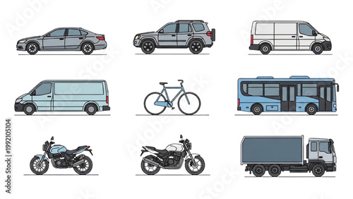 Vehicles including cars, trucks, motorcycles, bicycles, and buses on road