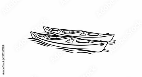 Two kayaks floating side-by-side on wavy water, outline illustration