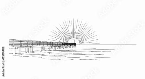 Sunrise over the ocean with a pier stretching into the water, graphic style