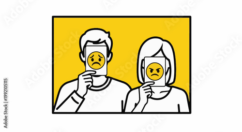 Two individuals conceal their faces with cards displaying negative emotions