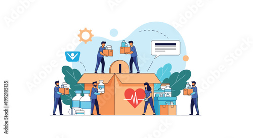 Volunteers participate in charity event by filling large donation box with medical supplies and heart symbol.