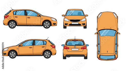 Illustrations of a yellow car from multiple angles on white background