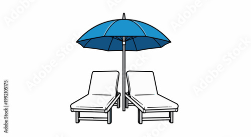 Two lounge chairs beneath a blue umbrella, ready for relaxation