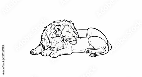 Two lions, one larger with a mane and one smaller, are napping together in a relaxed pose