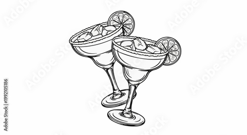 Two margarita glasses with ice, salt rim, and lime slices