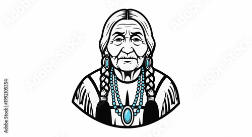 Stylized portrait of an elder Indigenous woman with braided hair