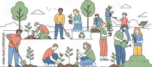Diverse group of people planting trees and engaging in gardening activities to foster environmental conservation and community spirit.