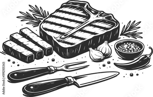 Grilled Steak Preparation Vector Illustration with Knife Garlic and Herbs Black and White Line Art.