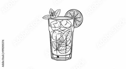 Tall glass filled with ice, mint, and a lemon slice garnish