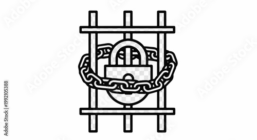 Stylized prison bars and padlock with a chain, symbolizing restraint