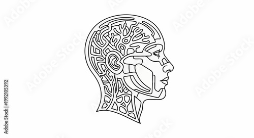 Stylized profile of a human head with intricate, maze-like internal structure