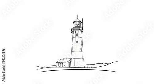 Tall lighthouse with attached small building on a grassy coastline