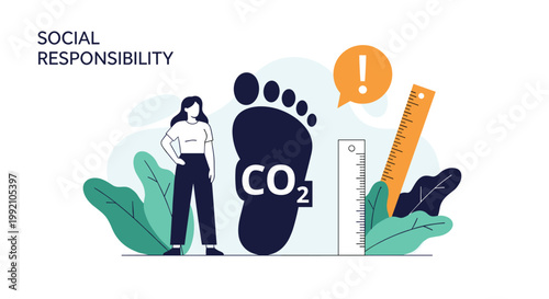 Woman measures carbon footprint to evaluate environmental impact and promote corporate social responsibility and sustainability.
