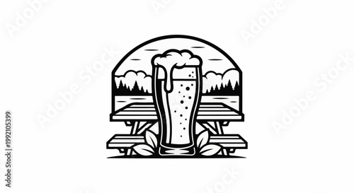 Tall glass of beer with overflowing foam sits on picnic table, nature scene backdrop