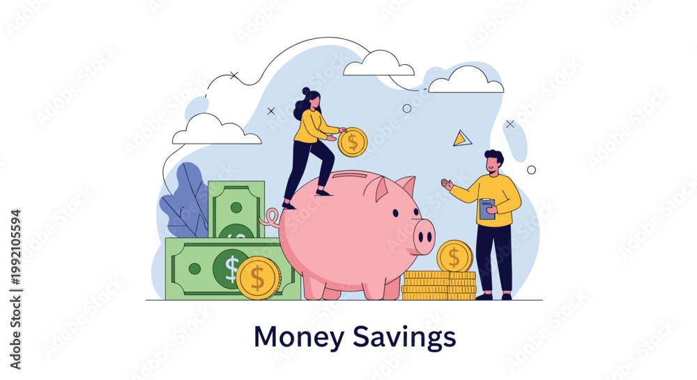 Fototapeta premium Man and woman manage personal finance and save money using giant piggy bank and cash stacks concept.