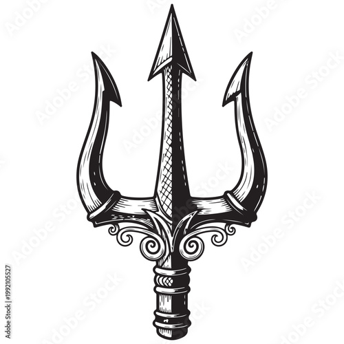 Detailed black and white trident vector illustration with ornate scrolls for Poseidon or Neptune mythology themes