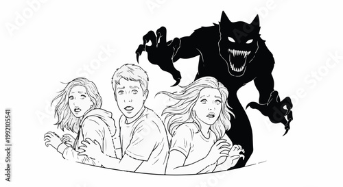 Terrified youths flee menacing shadowy creature with glowing eyes